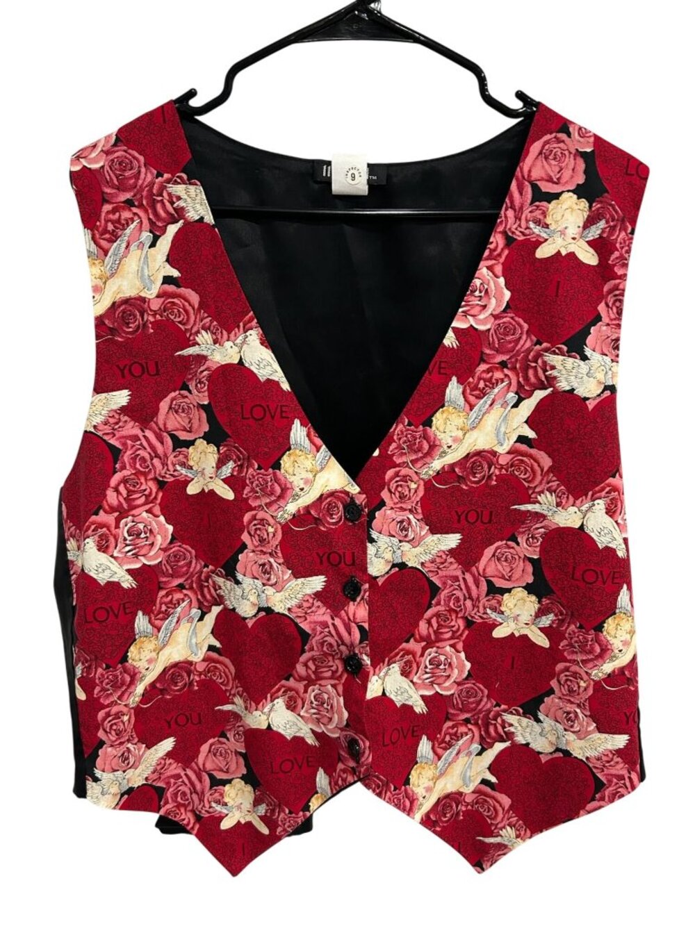 111 Main 1X Red Valentine V-Neck Vest Hearts Roses Cherubs Cottagecore Kitschy